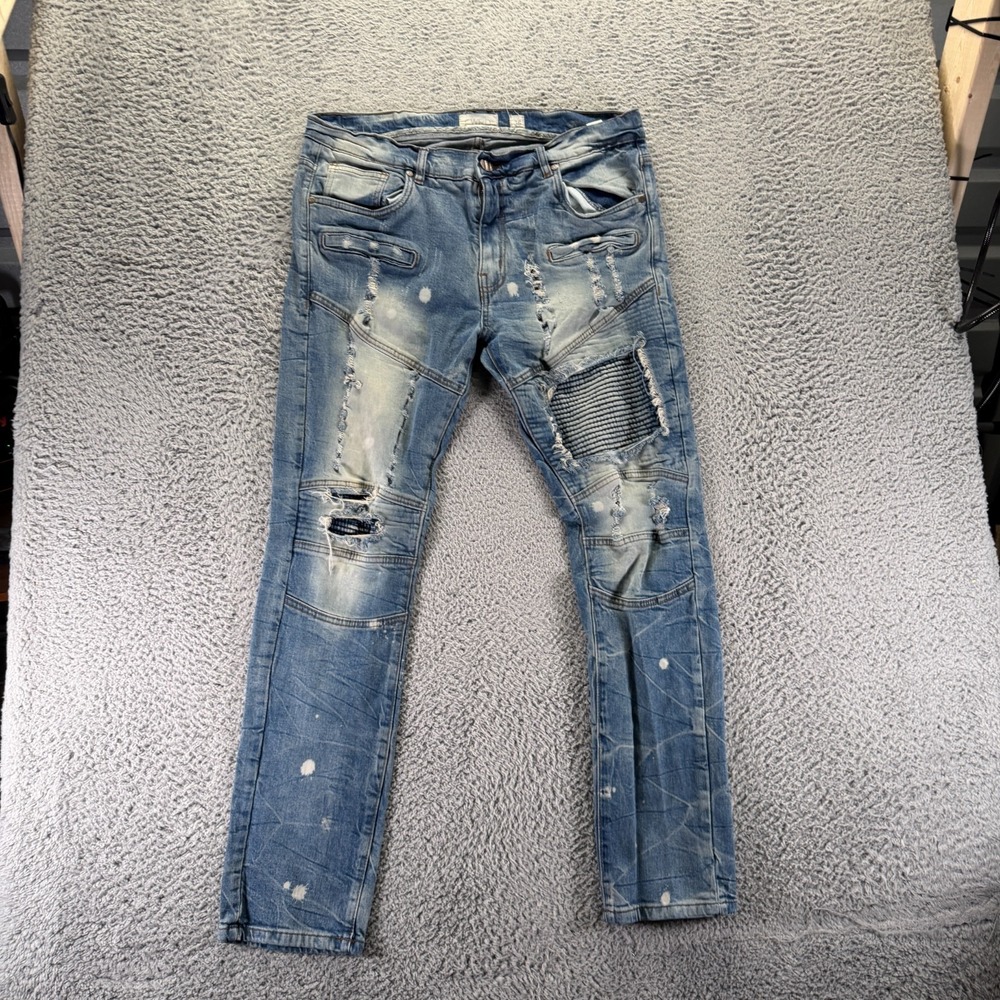 FWRD Jeans Mens 36x32 Blue Denim Straight Leg Faded Distressed Workwear Stretch